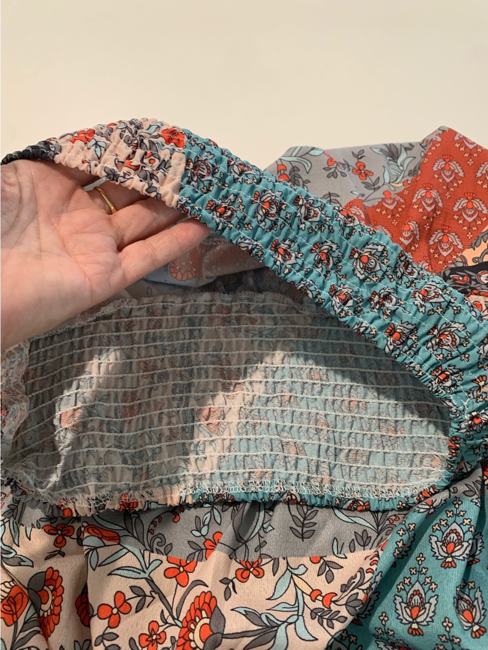 Boho Patchwork Smocked Waist Tiered Long Maxi Skirt, Teal Rust Cottagecore, L - Picture 6 of 10